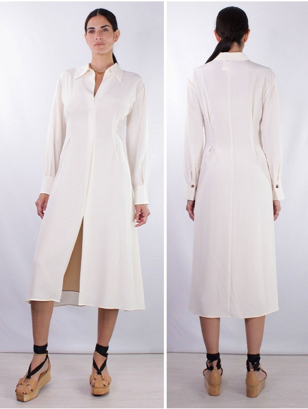 Vince Long-Sleeve Draped-Collar Midi Dress